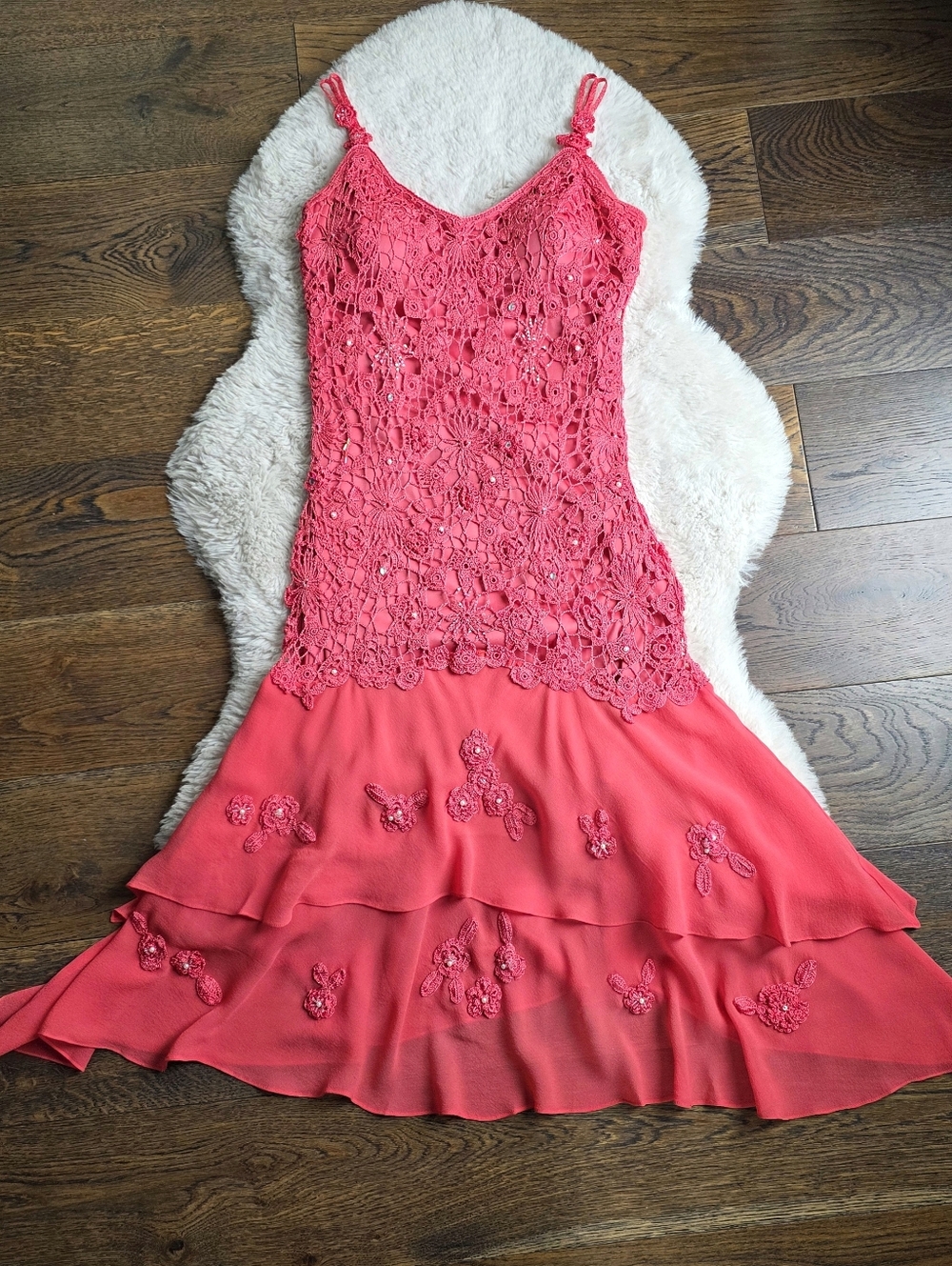 Y2K Fairy Beaded Crochet Silk Assymetrical Hem Drop Waist Dress